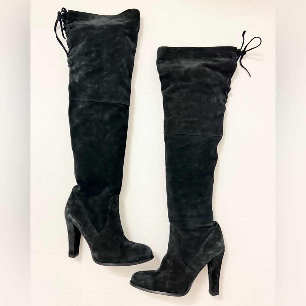 Womens Black Real Suede Knee High Heel Boots - Size 7.5 / 38.5 - Picture 9 of 11